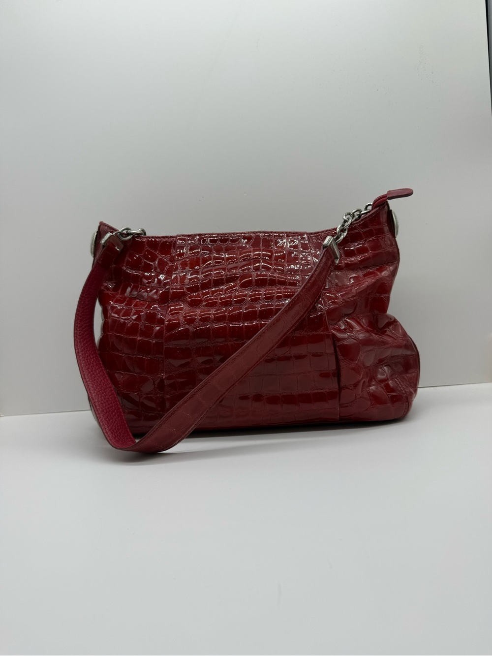Brighton Red Croc Embossed Leather Shoulder Bag | Floral Lining